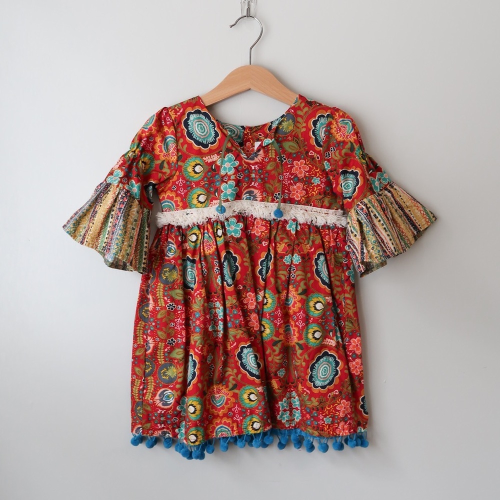Haute Baby Boho Print Bell Sleeve Tassel 100% Cotton Dress 3T